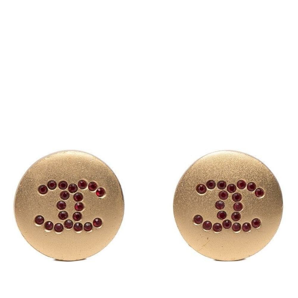 Chanel CC Logo Earrings Gold Red Rhinestone Plated